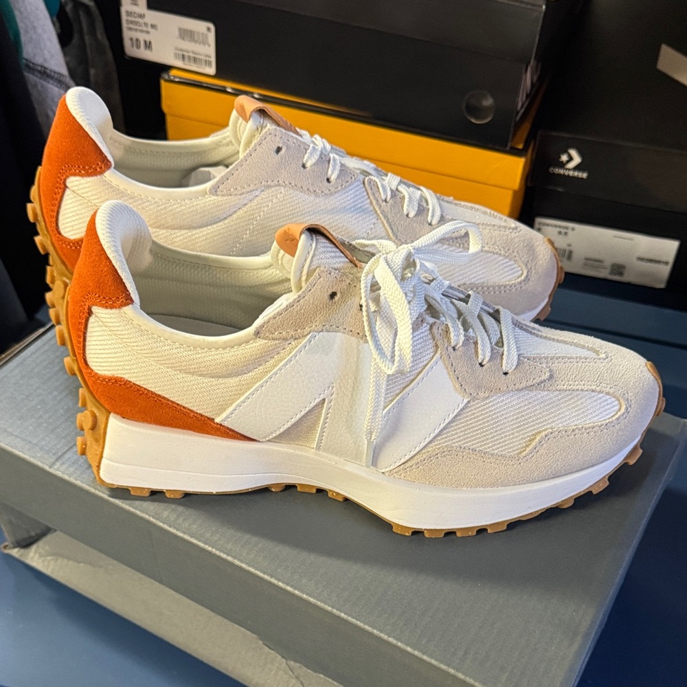 New Balance White and Brown Sneakers